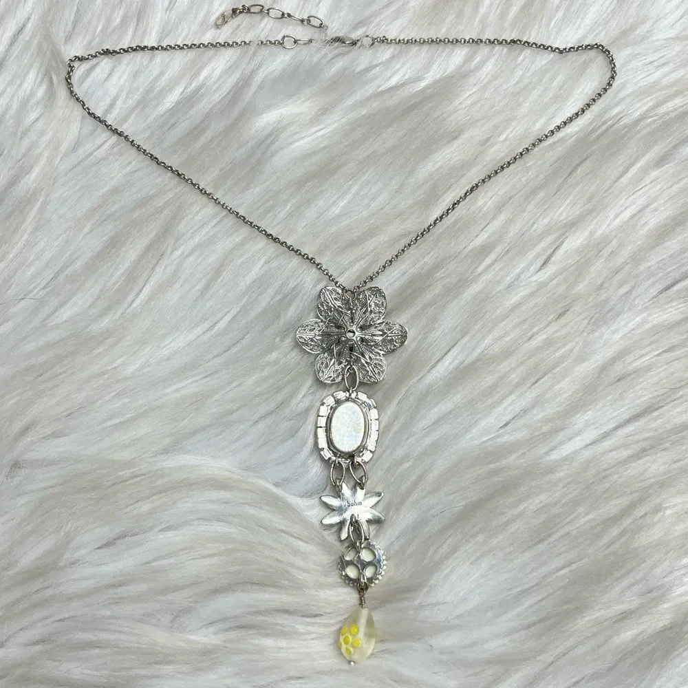 Bohm Vintage Floral Beaded Tiered Necklace Yellow White and Silver